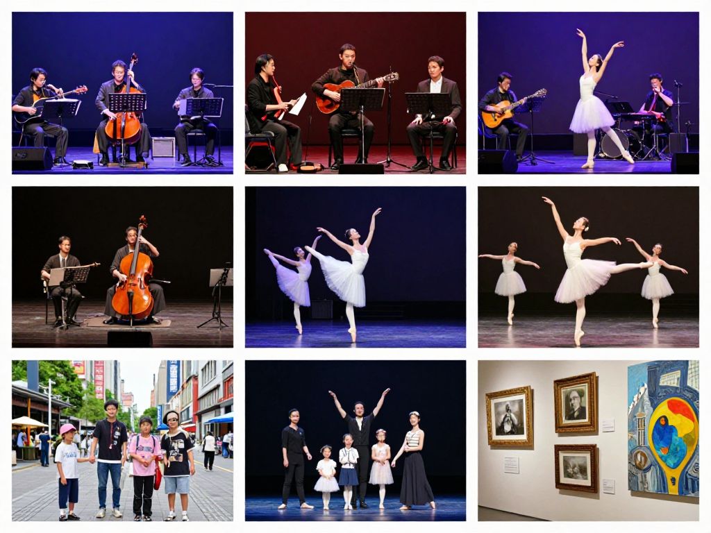 A collage of various live events in Houston, including concerts, ballet, and family activities.