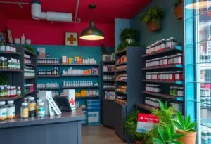 Interior of a Houston medical cannabis dispensary showing various products.