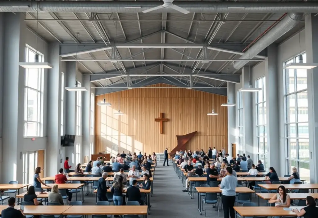Interior of the Houston megachurch worship center with a large congregation.