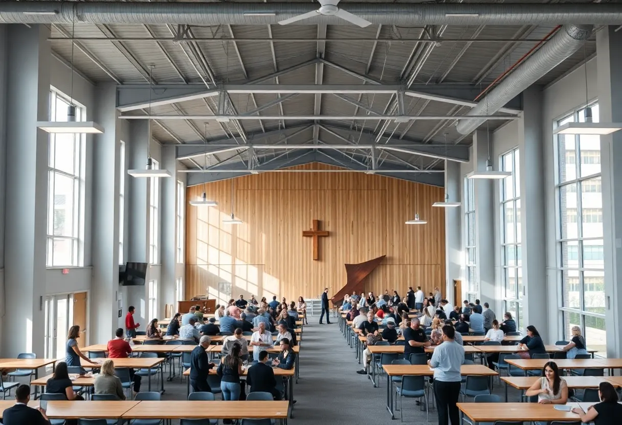 Interior of the Houston megachurch worship center with a large congregation.