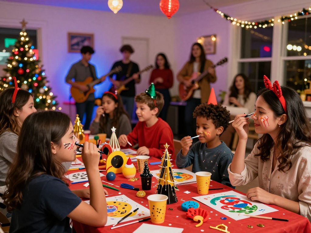 Families celebrating New Year's Eve in Houston with vibrant decorations and activities.