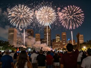 Fireworks lighting up the Houston skyline during New Year's Eve celebrations