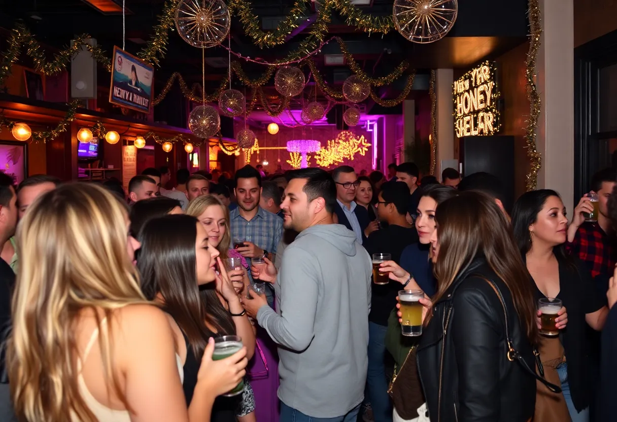 People enjoying a lively New Year’s Eve bar crawl in Houston.