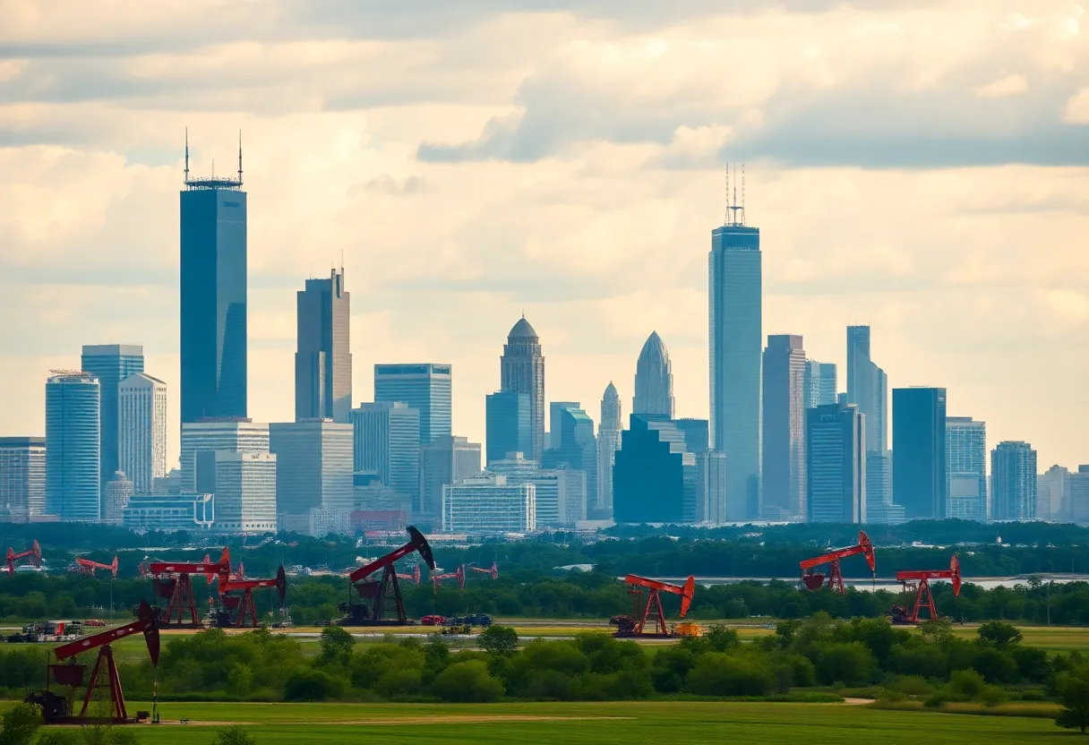 View of Houston skyline with oil rigs in the front