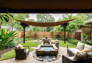 Beautiful Houston backyard with shade structures and water features