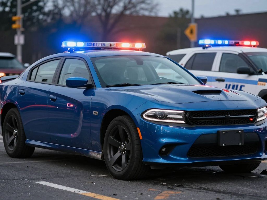 Car crash scene involving a blue Dodge Charger with police presence