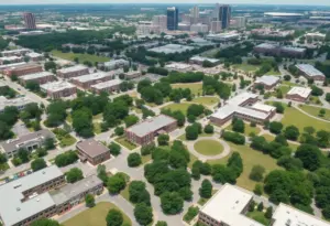 Aerial view of Houston featuring various public high schools.