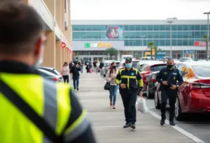 A busy parking lot at a shopping center in Houston with people and vehicles.