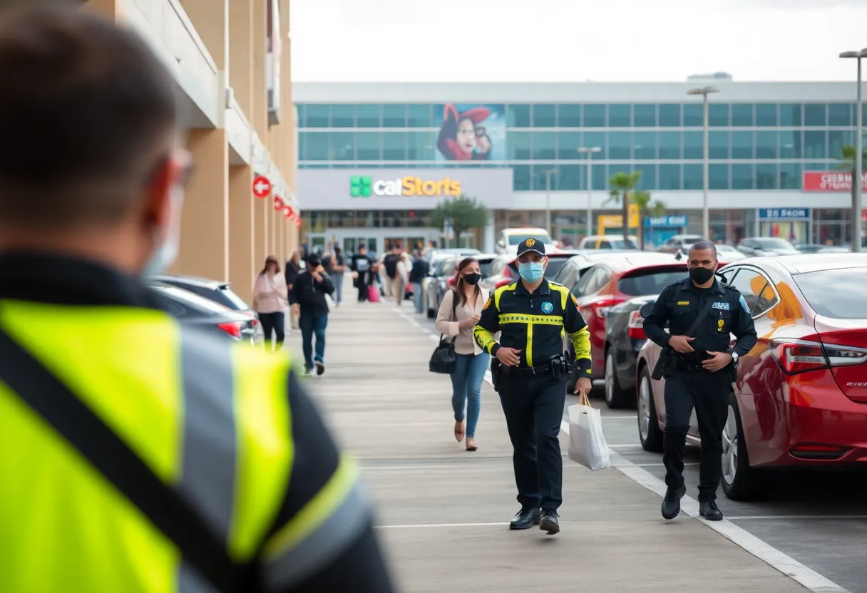 A busy parking lot at a shopping center in Houston with people and vehicles.