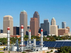 Skyline of Houston with energy infrastructure representing economic investment