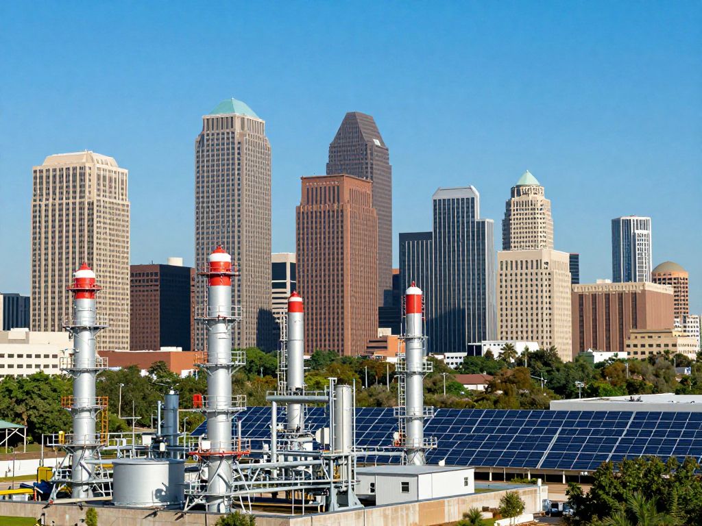 Skyline of Houston with energy infrastructure representing economic investment