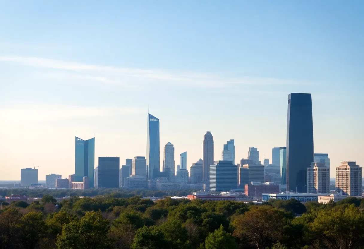 Winter view of Houston skyline with clear blue skies