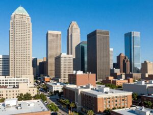 Skyline view of Houston featuring commercial and residential properties.