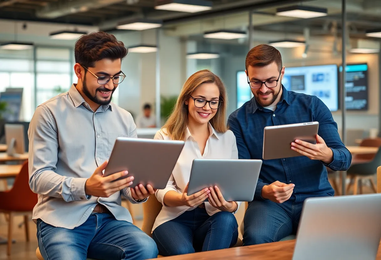 Small business owners in Houston using AI technology in their workspace.
