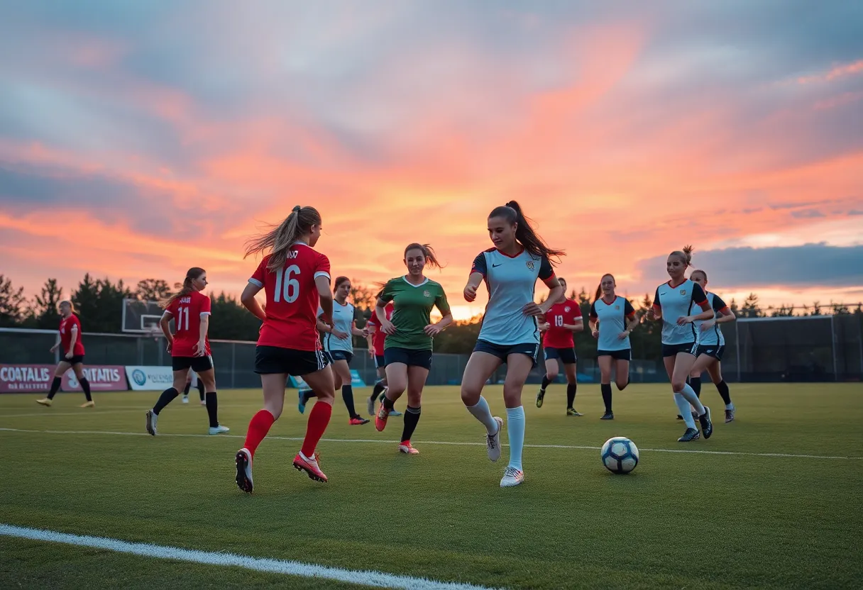Houston Soccer team practicing on the field during sunset
