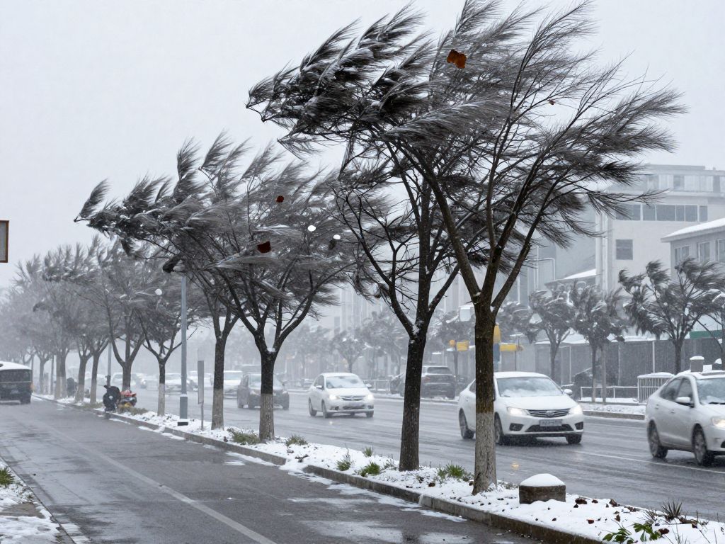 Windswept trees in Houston during a cold front.