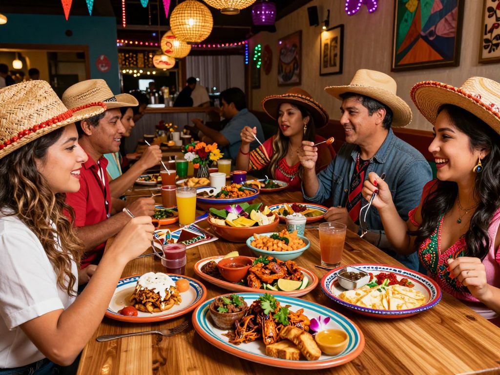 A lively New Year's Eve Tex-Mex dining experience in Houston with colorful food and decorations.