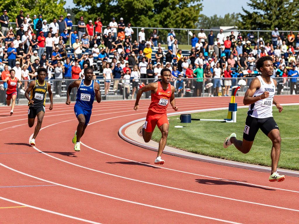 Athletes competing at the University of Houston Track & Field event with spectators cheering.