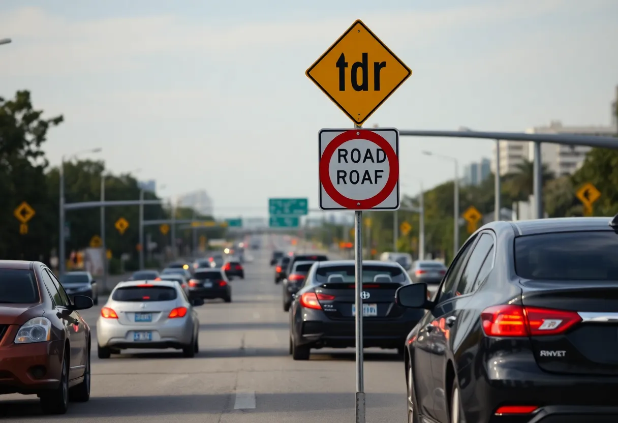 Traffic signs promoting road safety on a busy Houston road