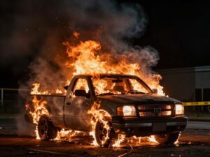 Scene of a burning pickup truck related to a homicide investigation
