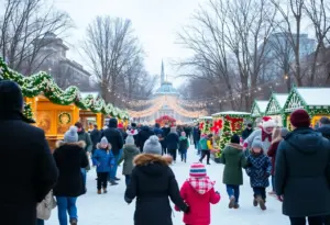Families enjoying festive activities at a Houston winter festival.