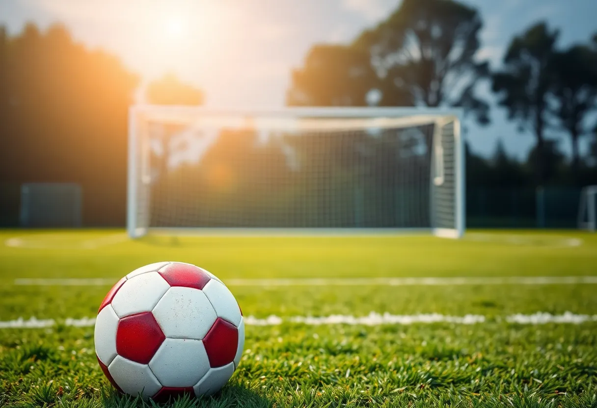 Soccer field with focus on goal and soccer ball representing women's soccer program.