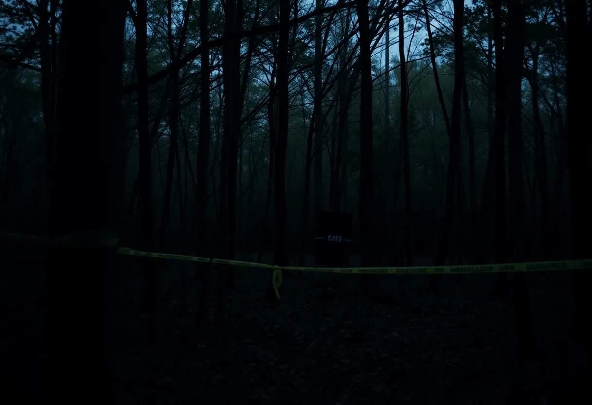 Wooded area in Houston resembling a crime scene with a barrel