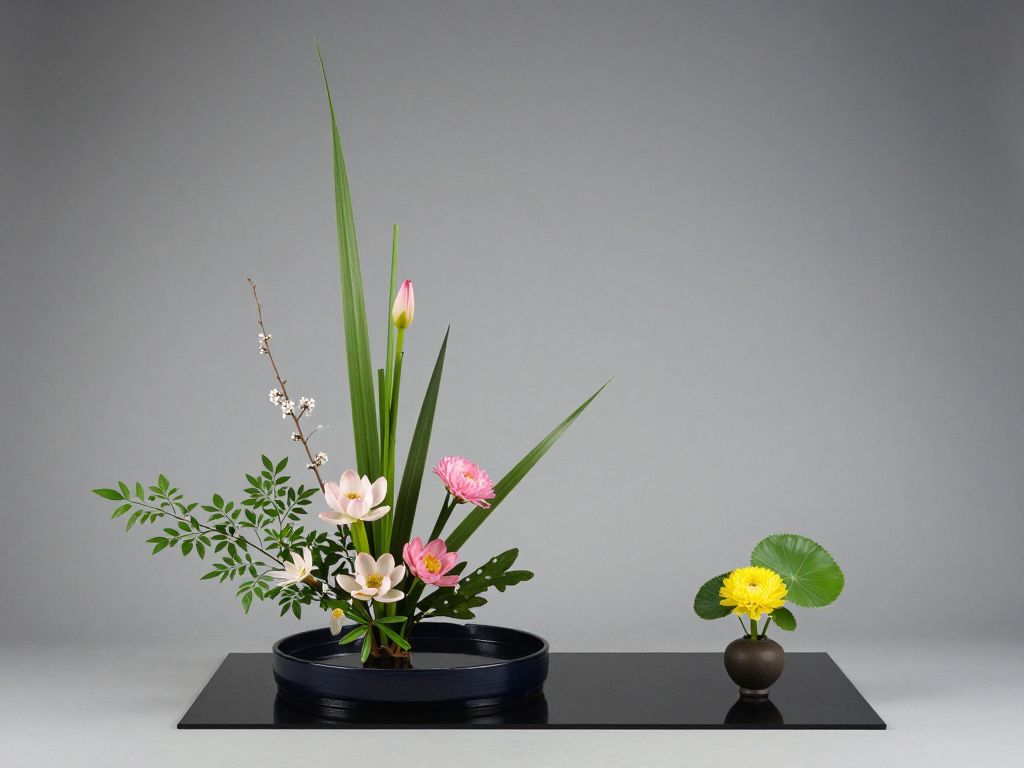 Traditional Japanese Ikebana flower arrangement in a modern artistic setting.