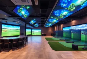 Indoor golf simulator bays at The Back Nine in Atascocita