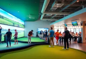 Members enjoying indoor golf at Intown Golf Club in Houston.