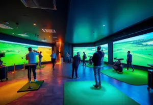 Interior view of Intown Golf Club showcasing simulator bays and guests playing golf.