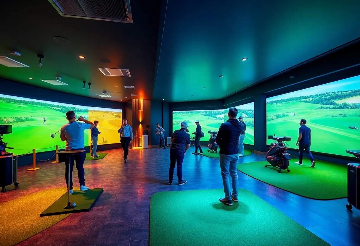 Interior view of Intown Golf Club showcasing simulator bays and guests playing golf.