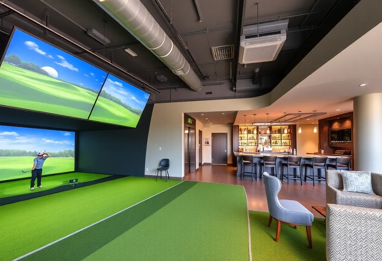 Interior view of Intown Golf Club in Houston with golf simulators and social areas