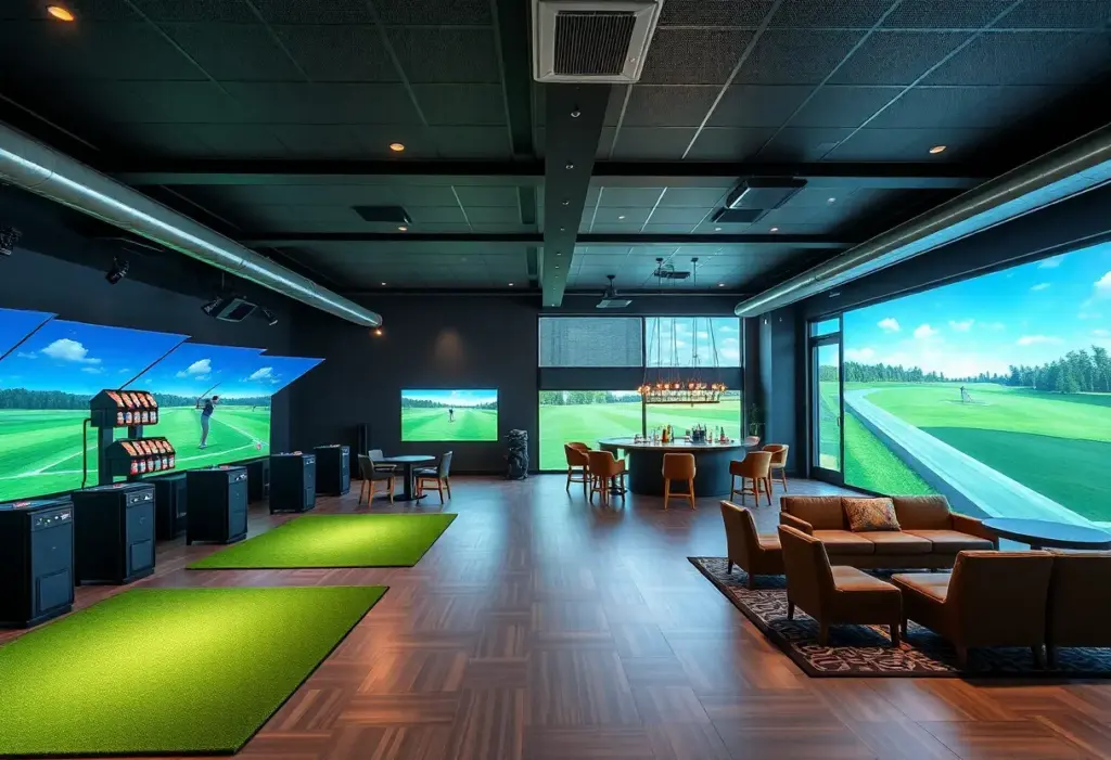 Interior view of Intown Golf Club showing golf simulators and social areas