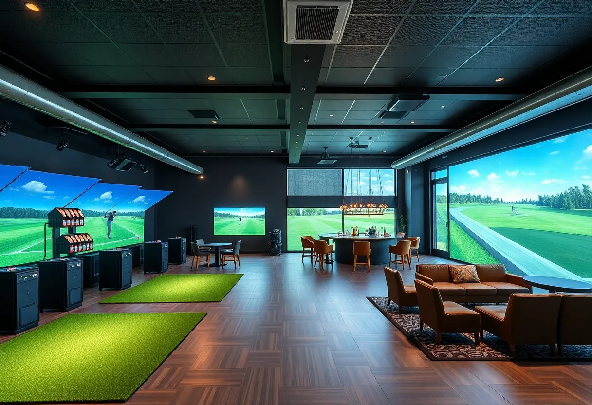 Interior view of Intown Golf Club showing golf simulators and social areas