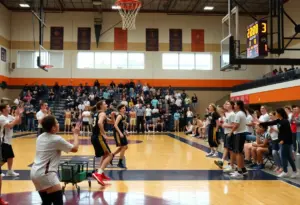 High school basketball players competing in a game