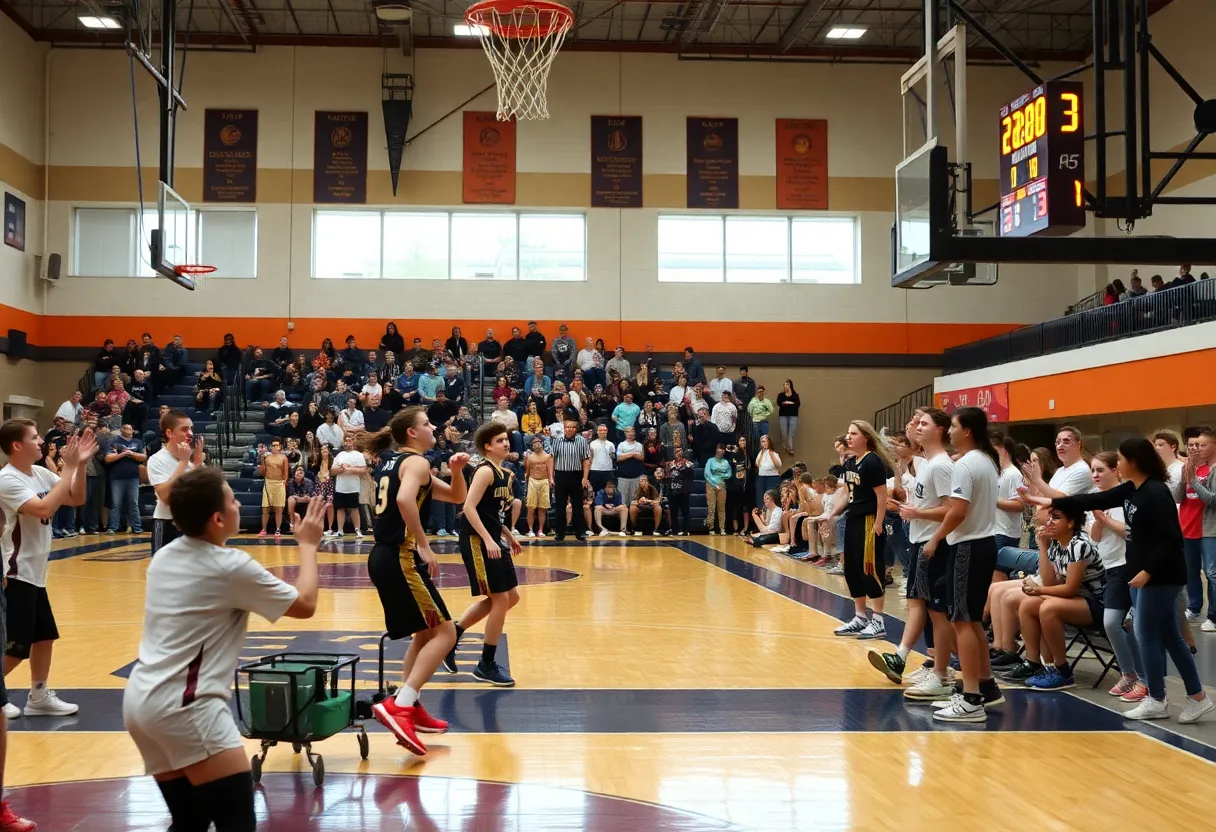 High school basketball players competing in a game