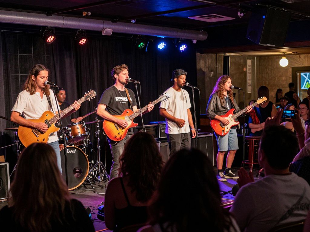 A diverse group of musicians performing live on stage with a lively audience.