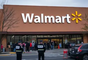 Police officers outside a Walmart during evacuation after bomb threat