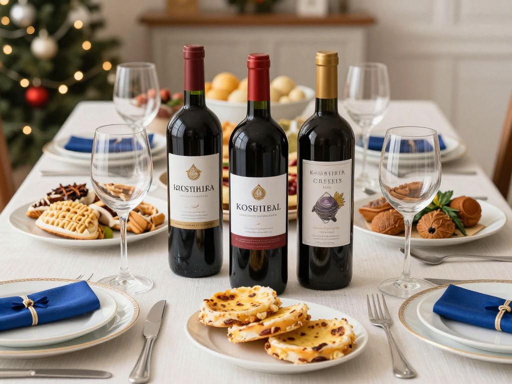 A table beautifully set for the holidays featuring a variety of Kosher wines and traditional dishes.