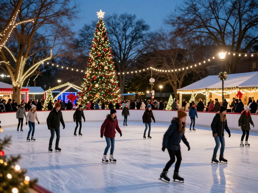 Families ice skating and celebrating Christmas in Lake Houston
