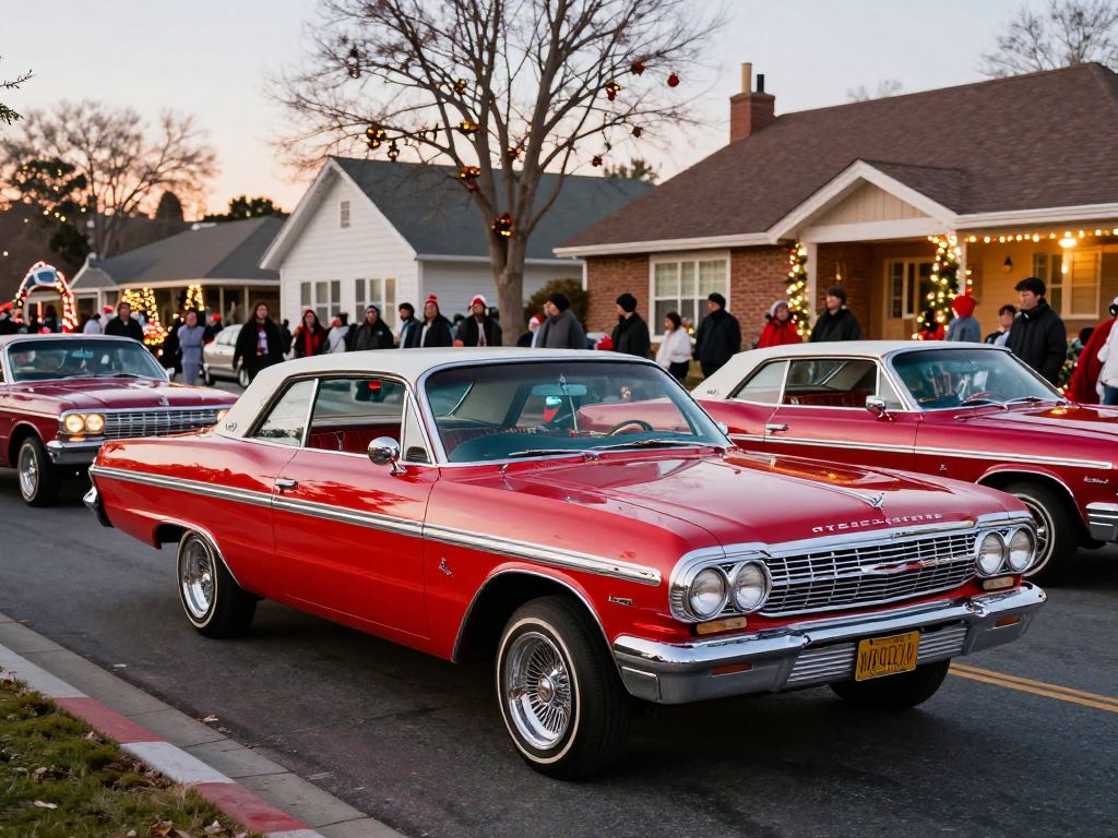 Colorful lowrider vehicles decorated for Christmas in a Houston neighborhood.