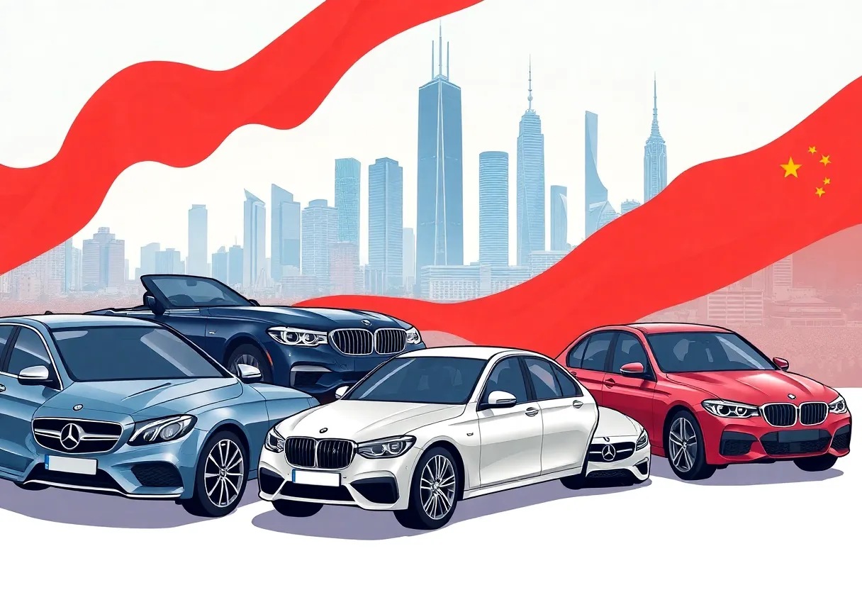 Illustration of luxury cars and a cityscape representing the automotive market in China