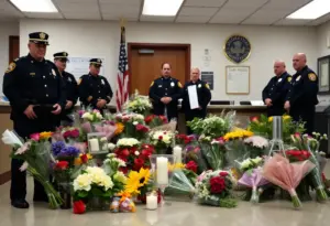Flowers and cards at a police memorial