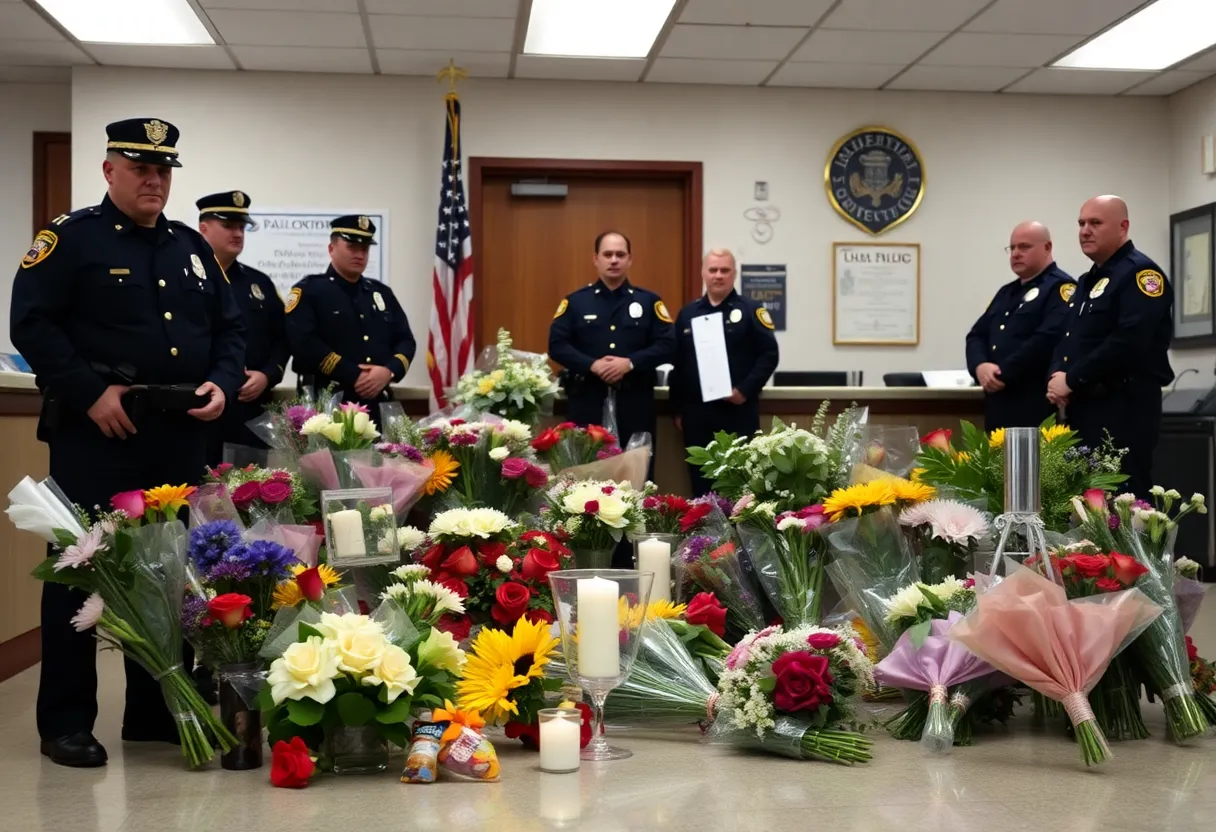 Flowers and cards at a police memorial