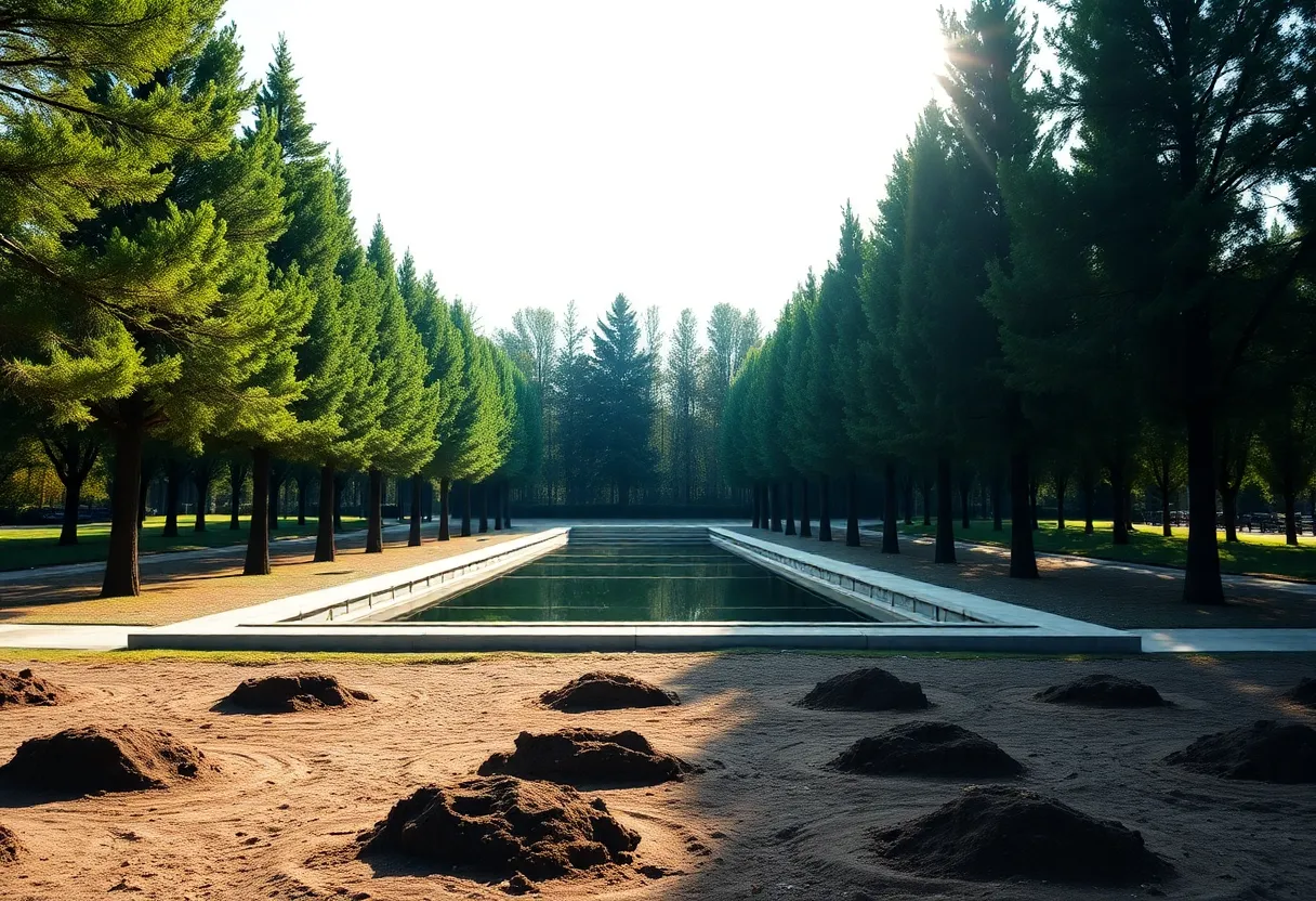 Rows of bald cypress trees in Memorial Park