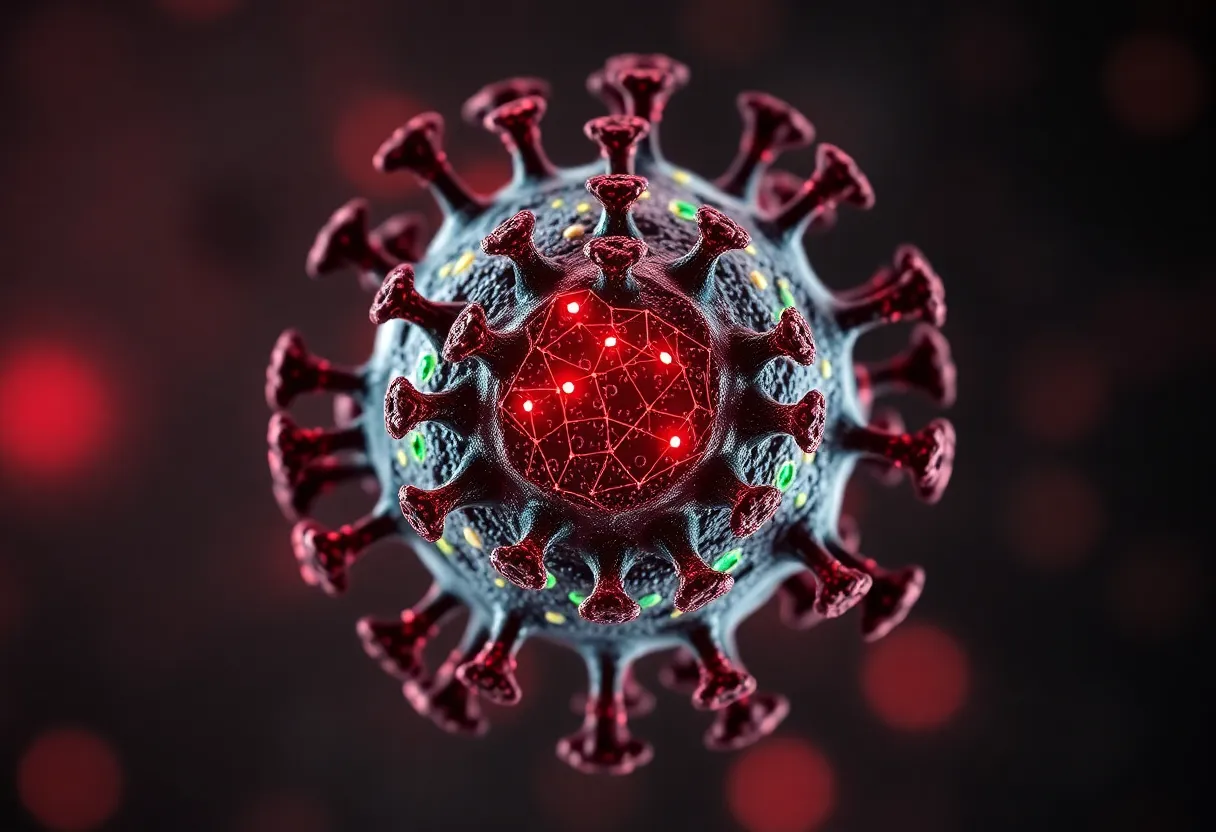 Illustration of a virus with AI technology symbols, representing innovative research in monkeypox treatments.