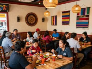 Interior of Monterey House restaurant filled with diners enjoying Tex-Mex cuisine