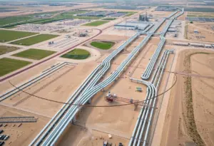 Aerial view of natural gas pipelines and energy infrastructure