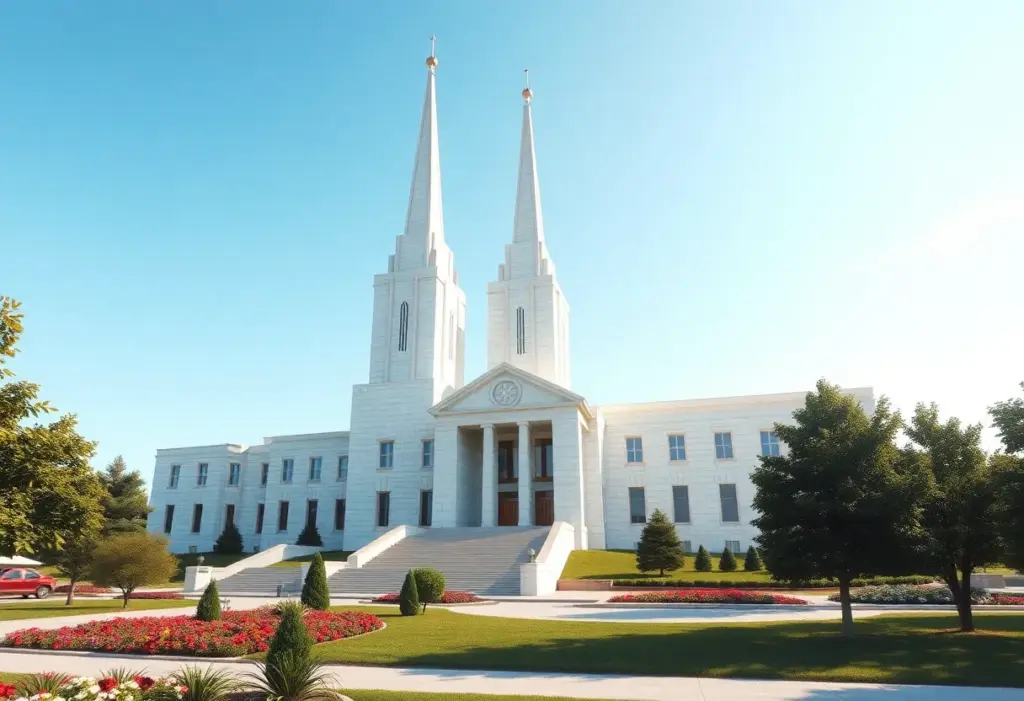 Architectural render of the new Fairview Texas LDS Temple with a tall spire